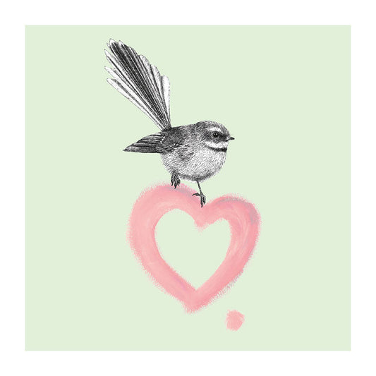 brushed heart piwakawaka pastel bird themed greeting card