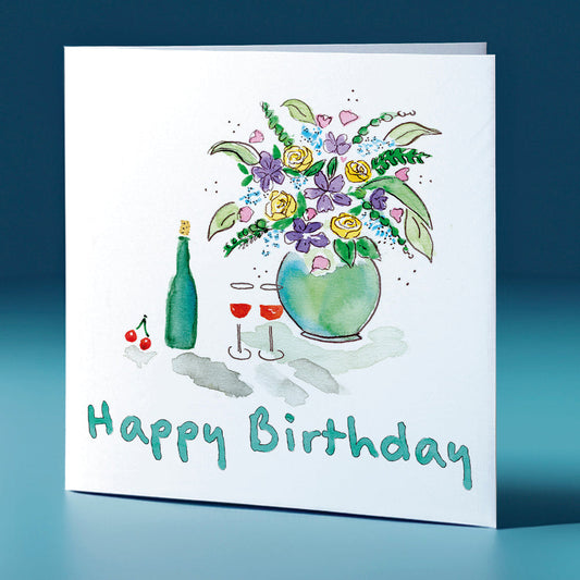 Wine and Bouquet Square Greeting Card Birthday