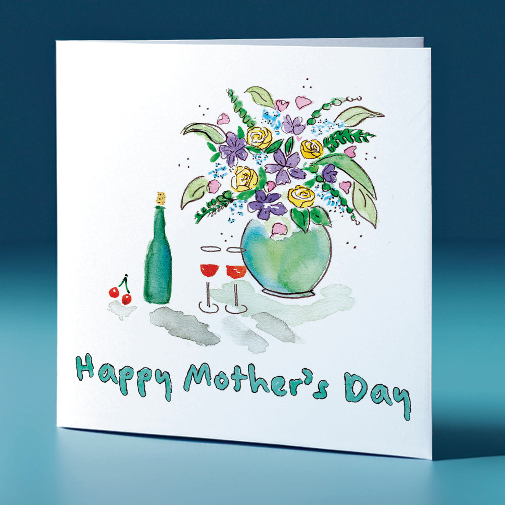 Wine and Bouquet Square Greeting Card Mother's Day