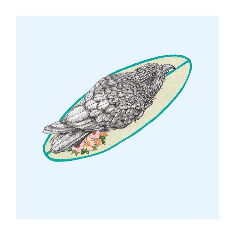 surfboard kea pastel bird themed greeting card