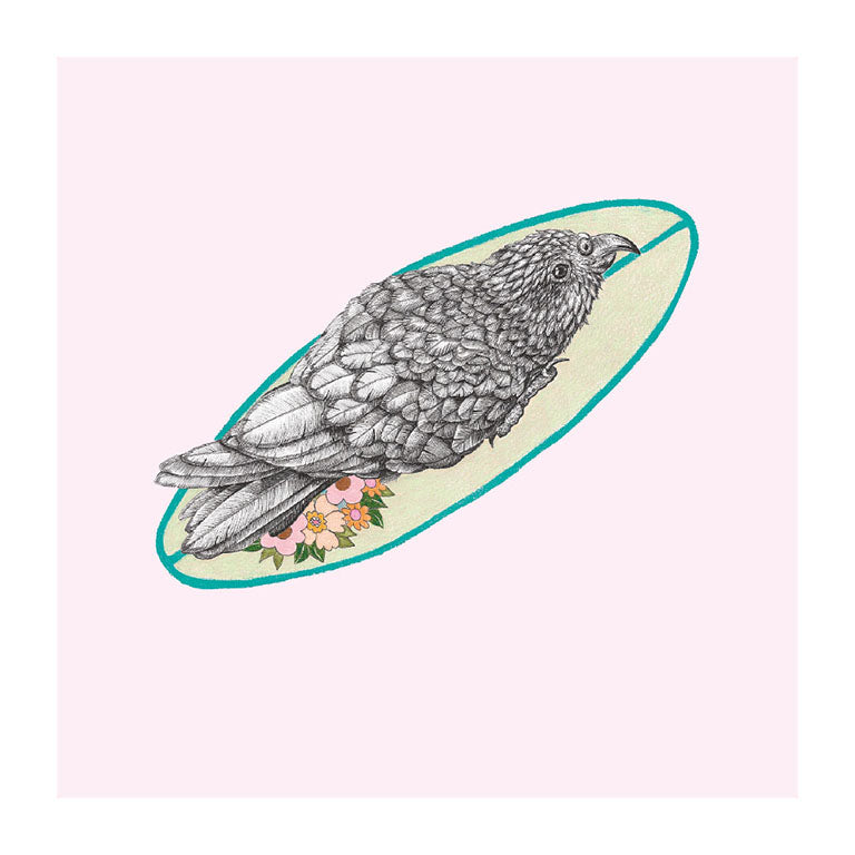 surfboard kea pastel bird themed greeting card