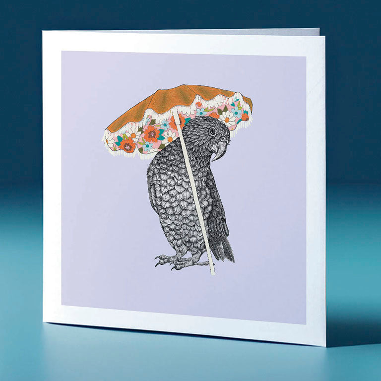 umbrella kea pastel bird themed greeting card
