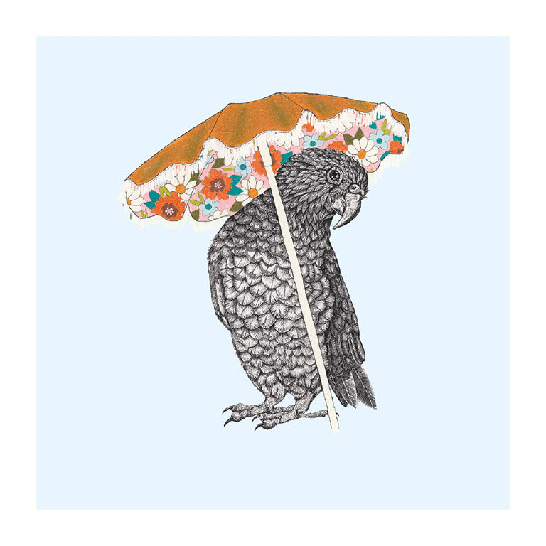 umbrella kea pastel bird themed greeting card