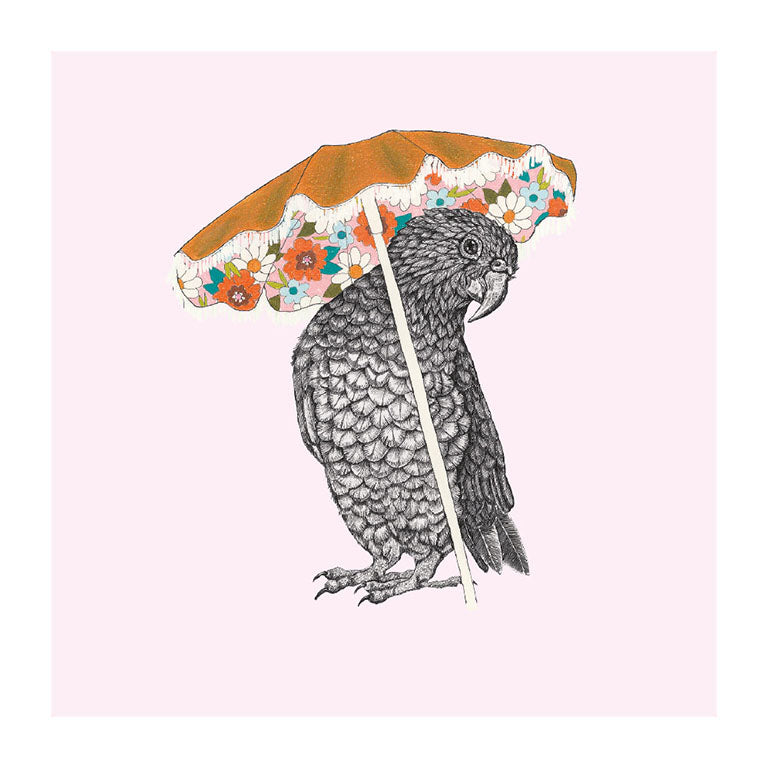 umbrella kea pastel bird themed greeting card