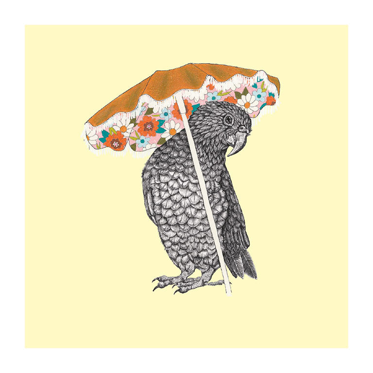 umbrella kea pastel bird themed greeting card