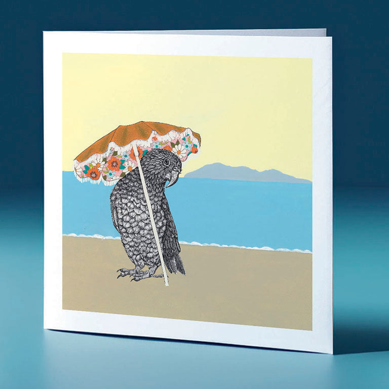 umbrella kea surfs up bird themed greeting card