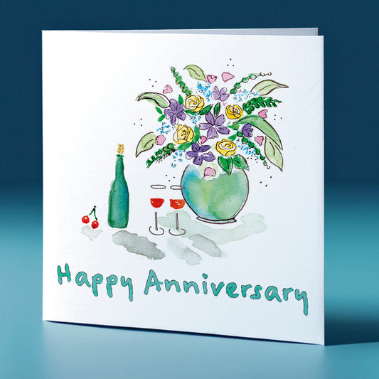 Wine and Bouquet Square Greeting Card Anniversary