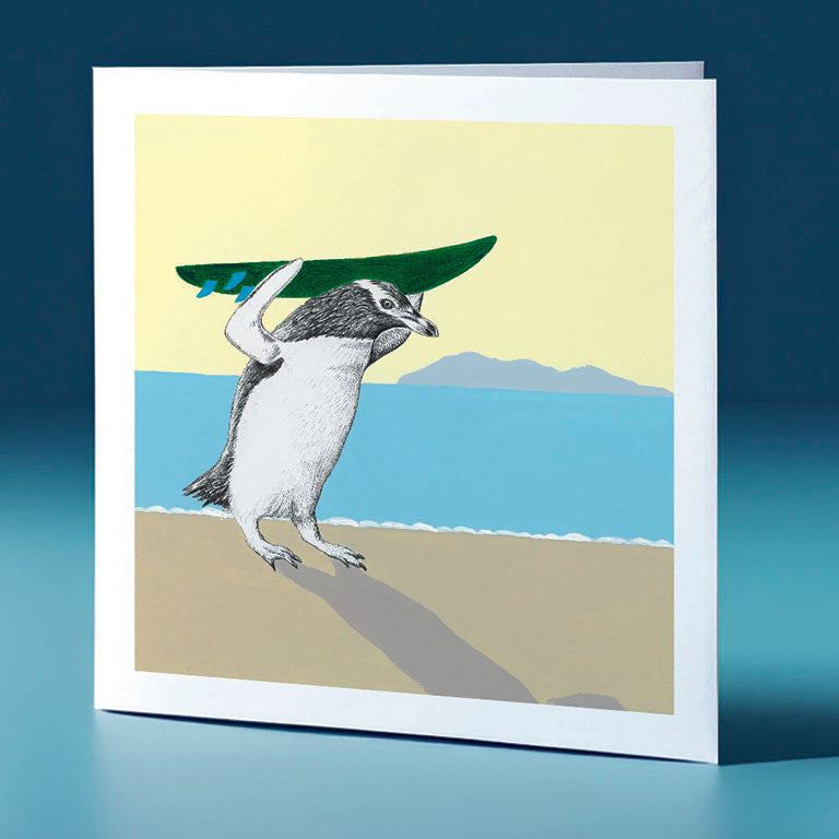 surfboard hoiho surfs up bird themed greeting card