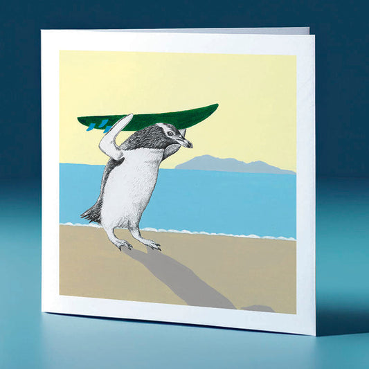surfboard hoiho surfs up bird themed greeting card