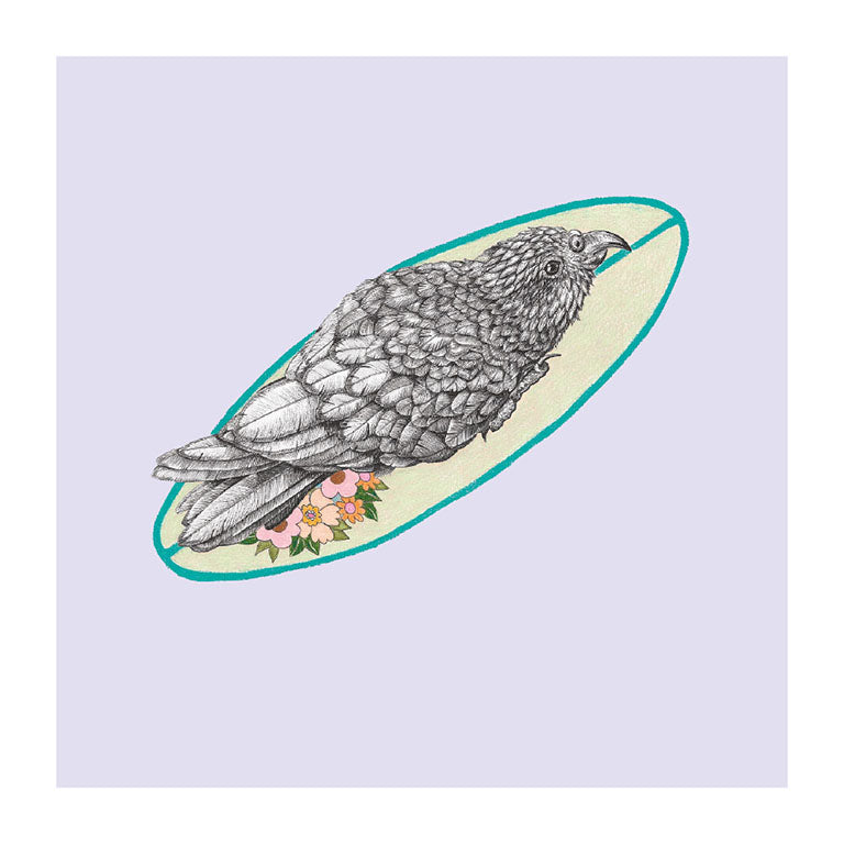 surfboard kea pastel bird themed greeting card