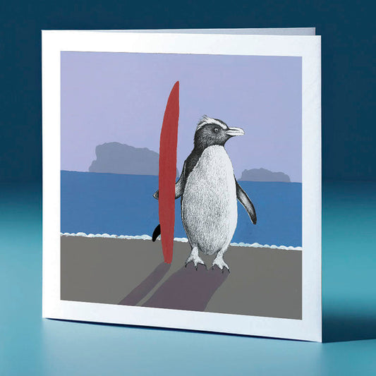 surfboard tawaki surfs up bird themed greeting card